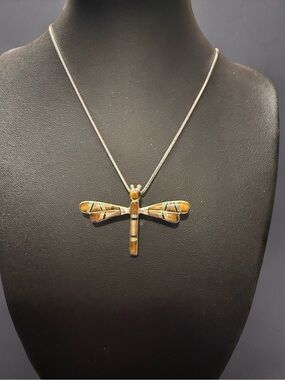 Dragonfly Inlay Pendant Necklace in Brown and Gold - Women Jewelry